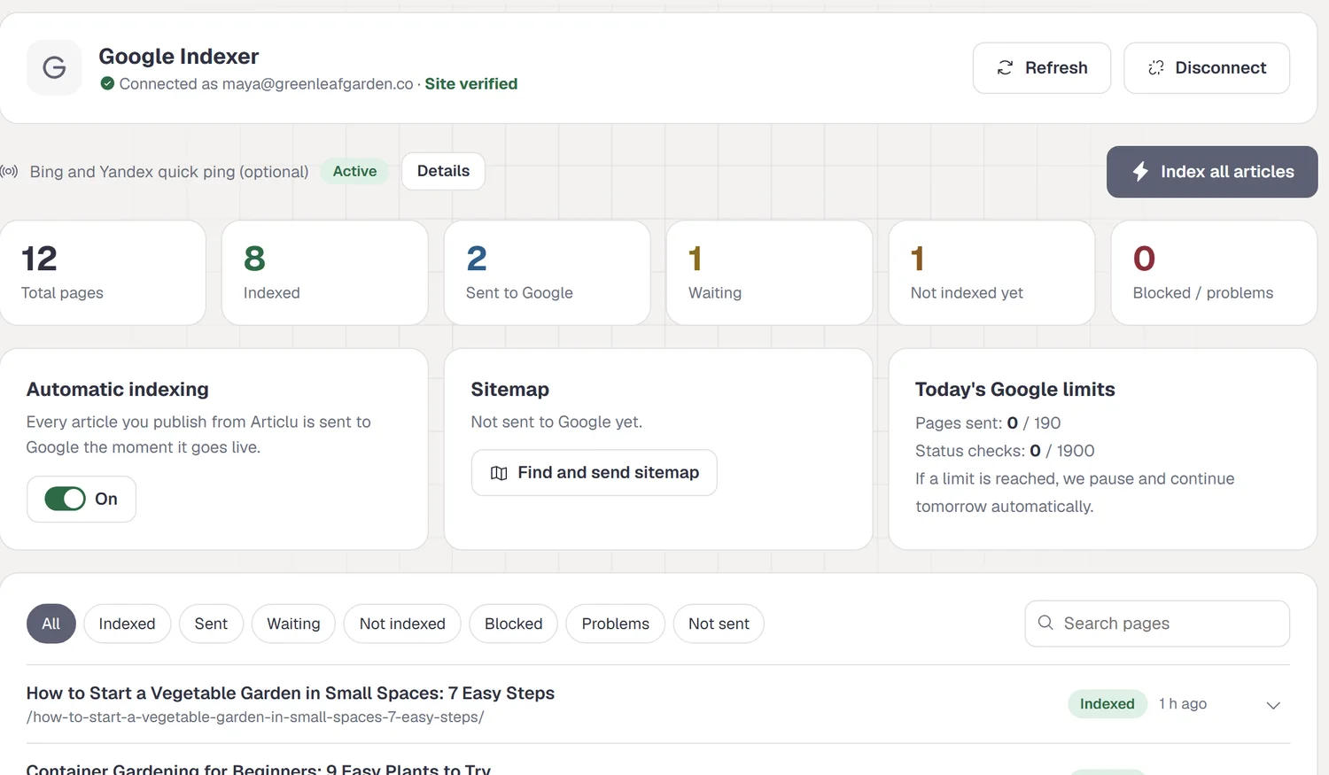 Indexing overview with total, indexed and waiting pages